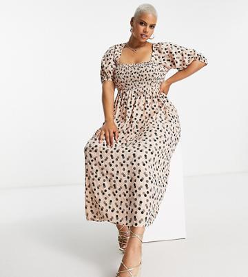 Lola May Plus Shirred Smock Maxi Dress With Tie Back In Pink Polka Dot