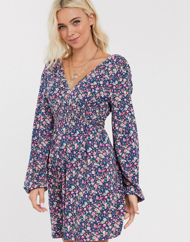 Asos Design Long Sleeve Mini Dress With Shirred Waist In Ditsy Print-multi