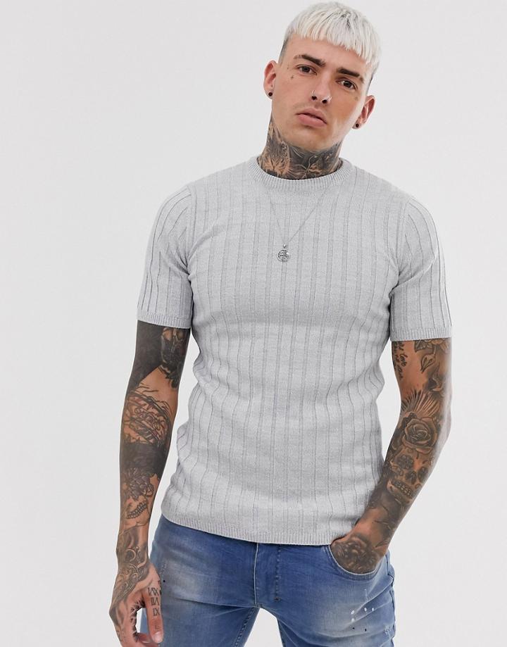 Asos Design Knitted Ribbed T-shirt In Light Gray Twist - Gray