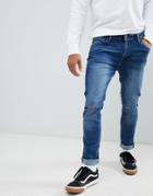 Jack & Jones Skinny Jeans With Rip Knee In Mid Blue Denim - Blue