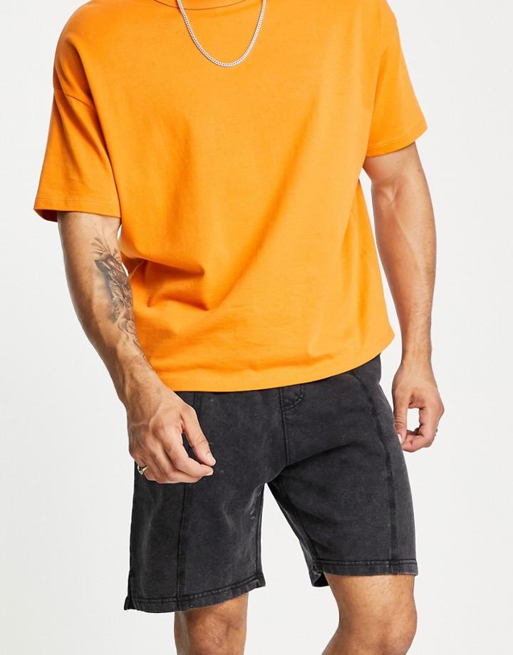 Bershka Jersey Shorts With Raw Hem In Washed Black-gray