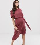 Asos Design Maternity Nursing Cape Crop Top Midi Dress With Asymmetric Skirt-red