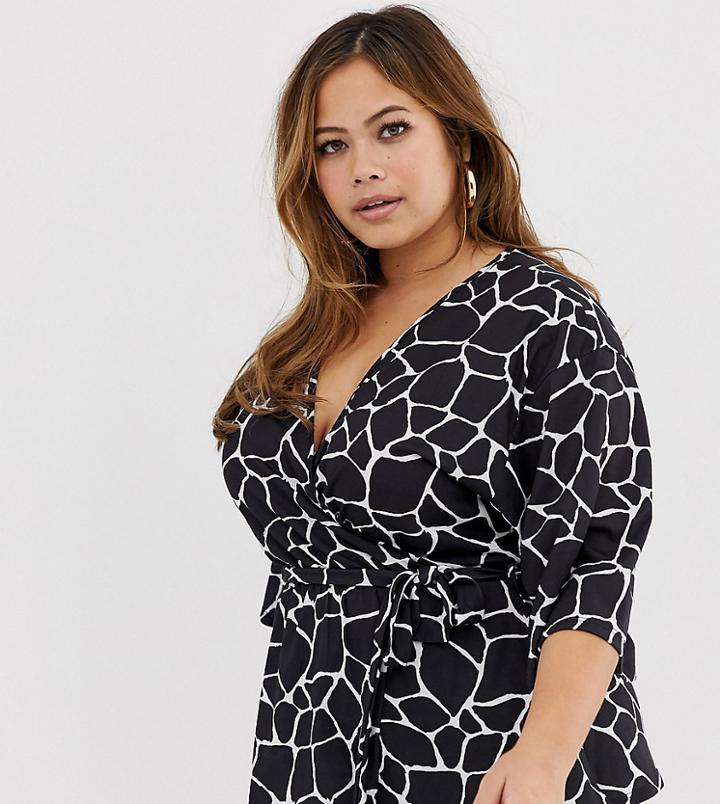 Pink Clove Wrap Front Top In Giraffe Print - Black