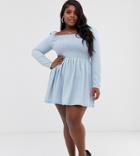 Asos Design Curve Denim Shirred Mini Smock Dress In Lightwash Blue - Blue
