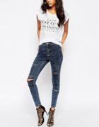 Asos Rivington Ankle Grazer Jegging In Storm Wash With Extreme Rips - Blue