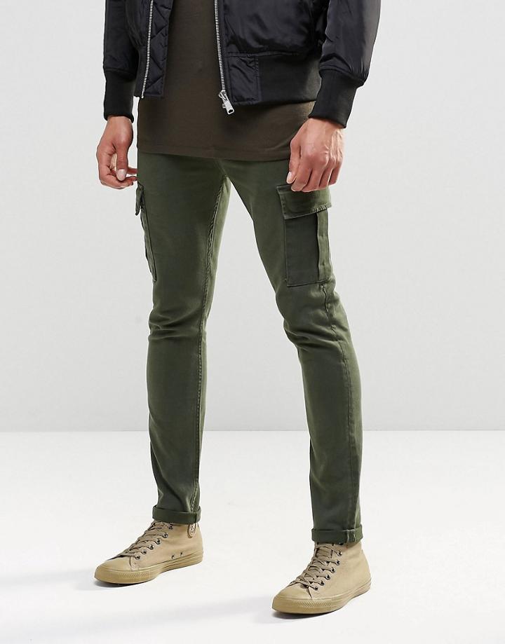 Asos Super Skinny Jeans With Cargo Pockets In Khaki - Khaki