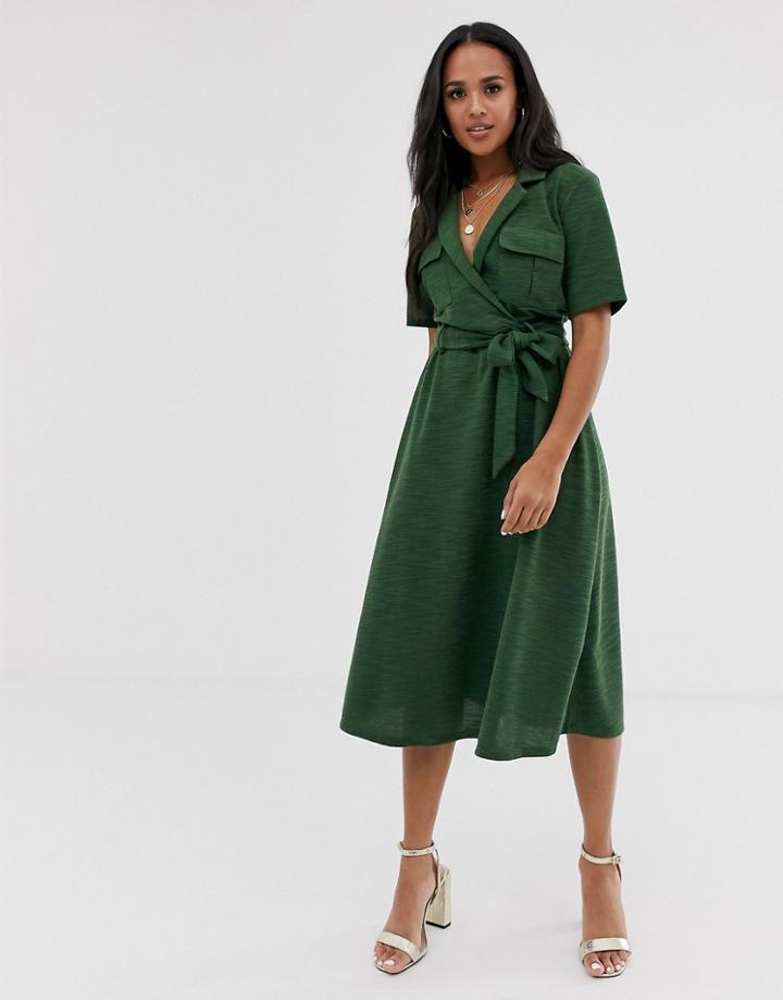 Asos Design Midi Belted Shirt Dress In Slub-multi