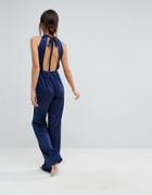 True Violet Halterneck Jumpsuit With Cut Out Back - Navy