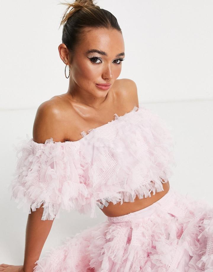 Asos Edition Off Shoulder Crop Top In Textured Mesh In Sugar Pink
