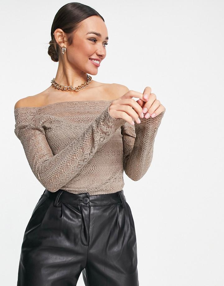 Vila Square Neck Lace Top In Mushroom-grey