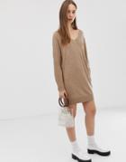 Asos Design Ripple Stitch Deep V Mini Sweater Dress In Eco Yarn - Stone