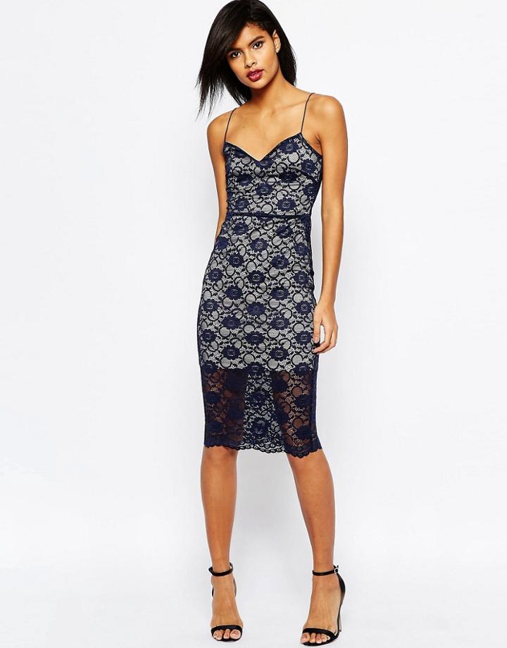 Asos Lace Sweetheart Pencil Midi Dress - Navy