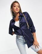 Miss Selfridge Satin Diamante Button Shirt In Navy
