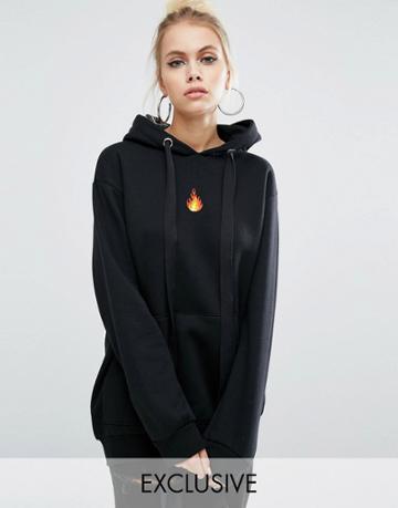Adolescent Clothing Oversized Hoodie With Flame Embroidery - Black