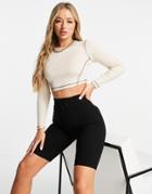 Asos Design Long Sleeve Top With Contrast Stitch Detail In Stone-neutral