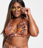 Asos Design Curve Recycled Mix & Match Halter Plunge Bikini Top In Zebra Tropical-multi
