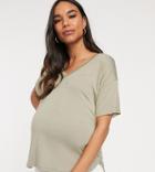 Asos Design Maternity V Neck Oversized In Textured Jersey In Khaki-green