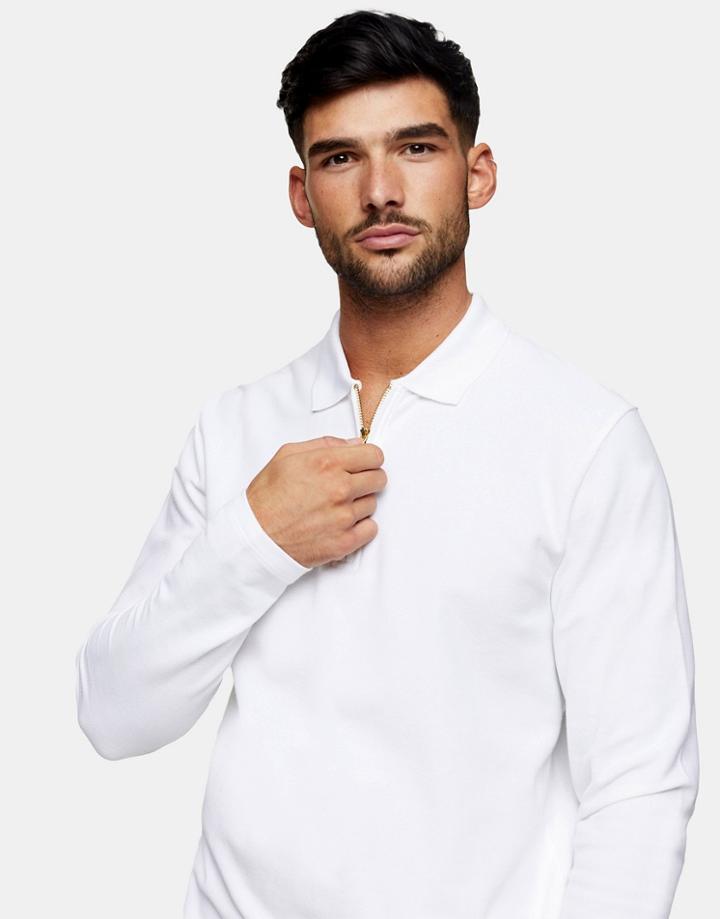 Topman Pique Long Sleeve Polo In White