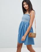 Asos Design Denim Shirred Strappy Dress - Blue