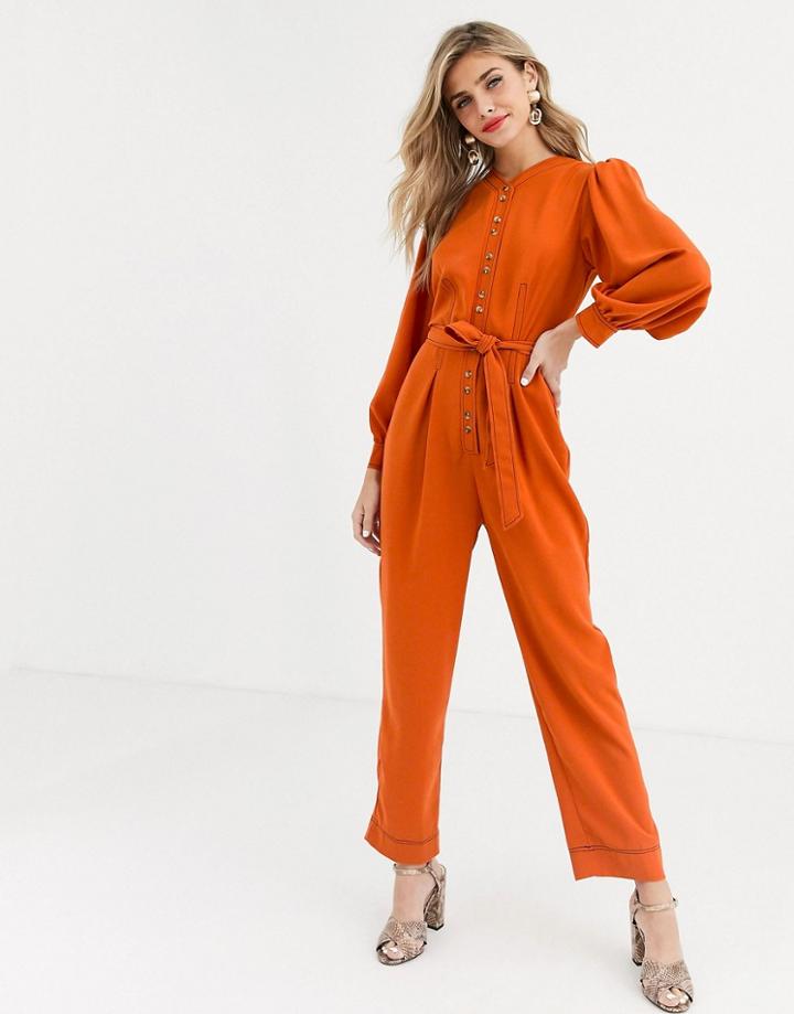 Asos Design Shirt Jumpsuit With Button Front And Contrast Stitching-brown