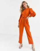 Asos Design Shirt Jumpsuit With Button Front And Contrast Stitching-brown