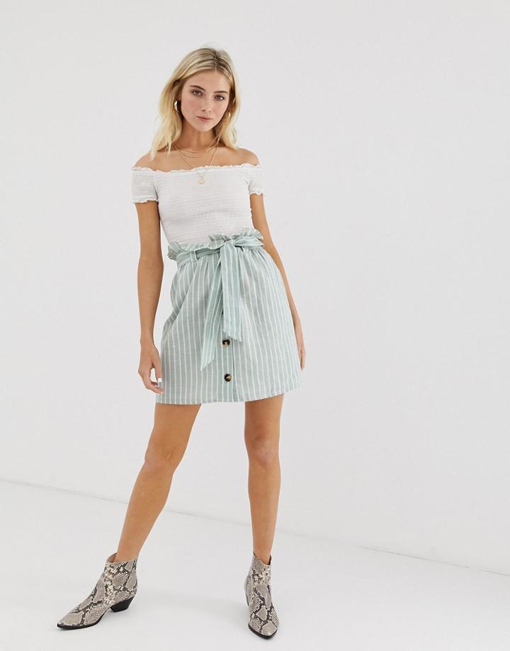 Glamorous Mini Skirt With Paperbag Waist In Natural Stripe-green
