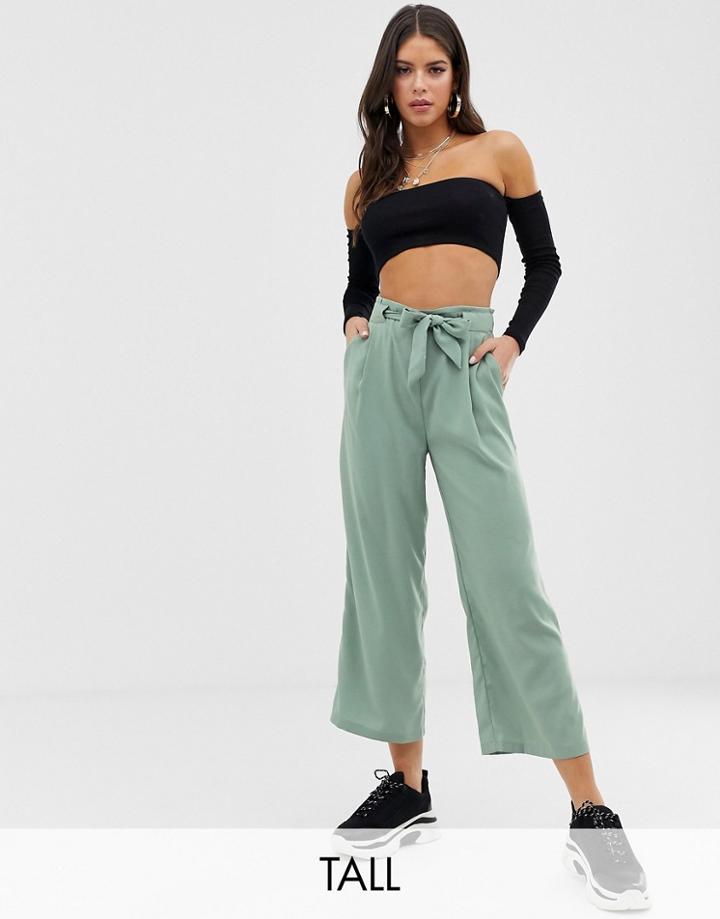 New Look Tall Tie Waist Crop Pants In Green - Green