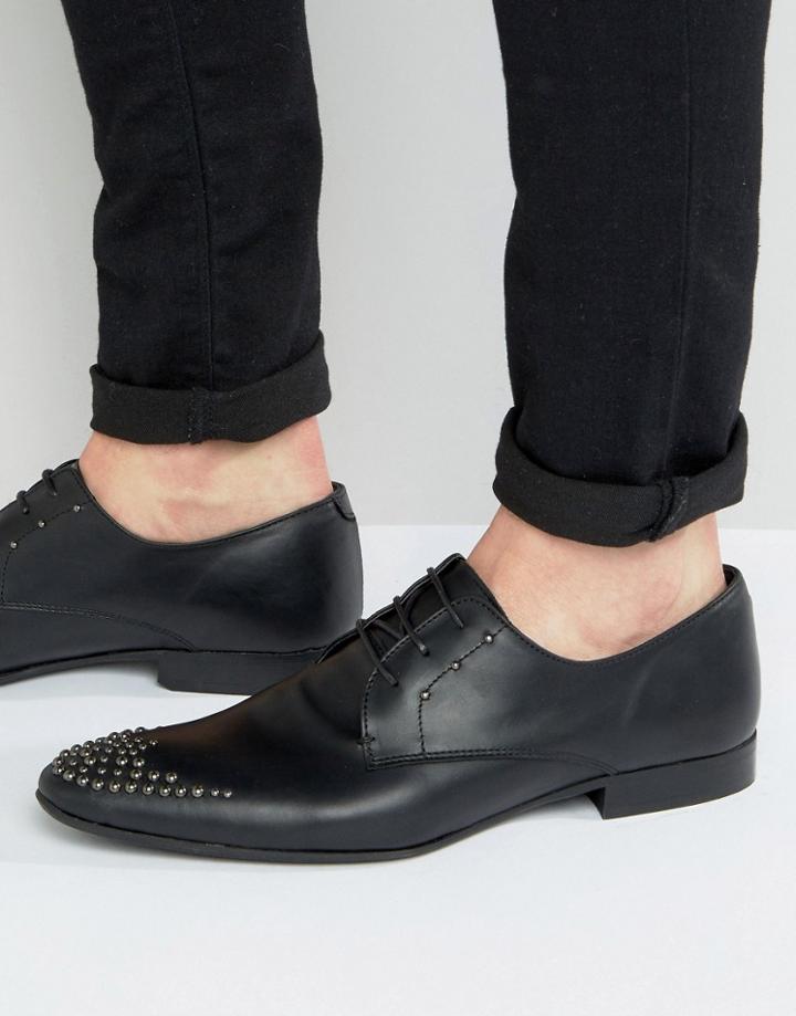Asos Lace Up Shoes In Black Leather With Stud Detail - Black