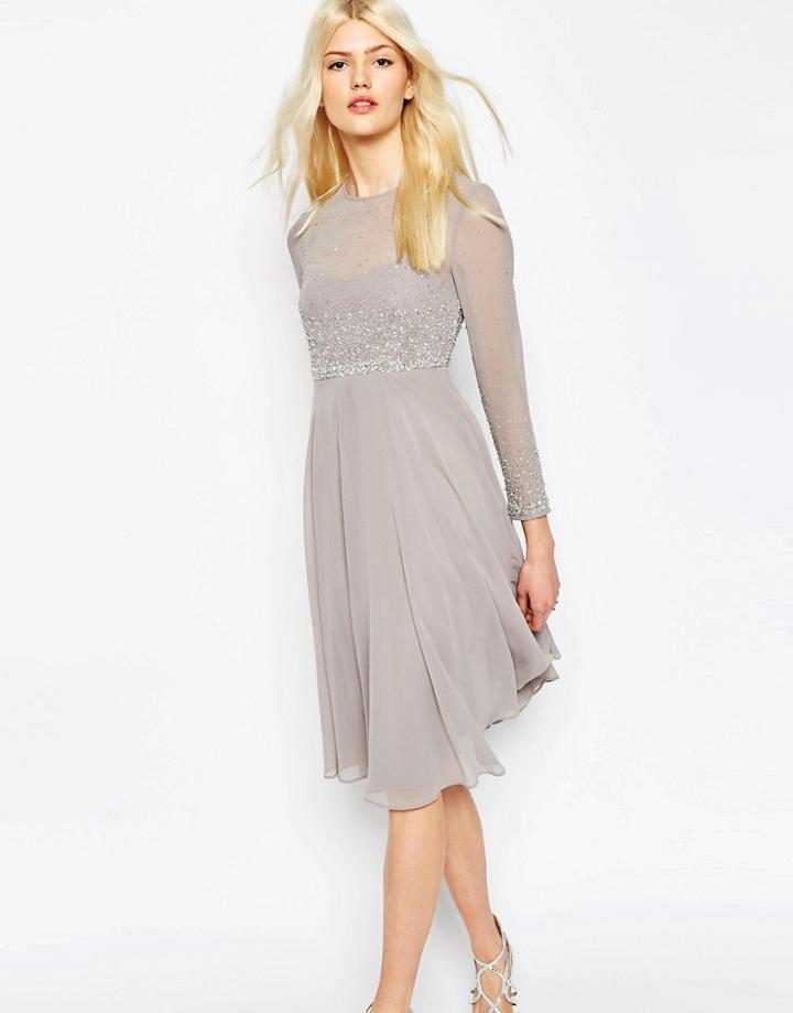 Asos Delicate Scattered Embellished Soft Midi Skater Dress - Gray