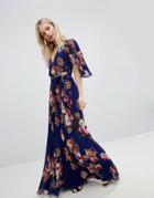 Asos Pleated Maxi Dress With Flutter Sleeve In Floral Print - Multi