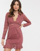 Love Triangle Plunge Front Mini Dress With Scalloped Lace In Dusty Raspberry-red