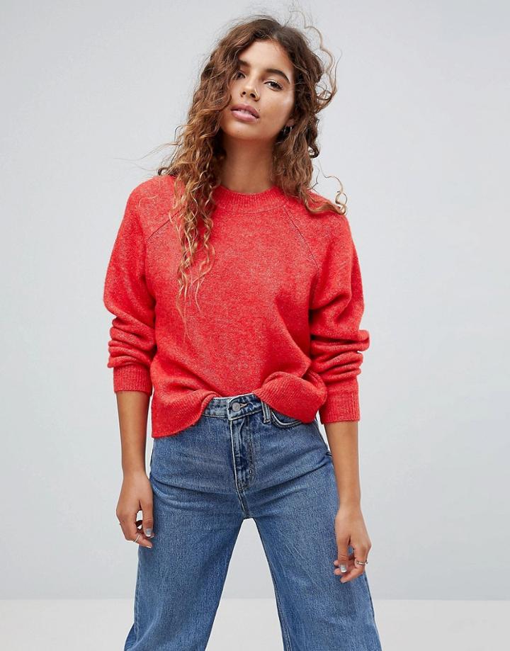 Asos Sweater In Fluffy Yarn With Crew Neck - Red