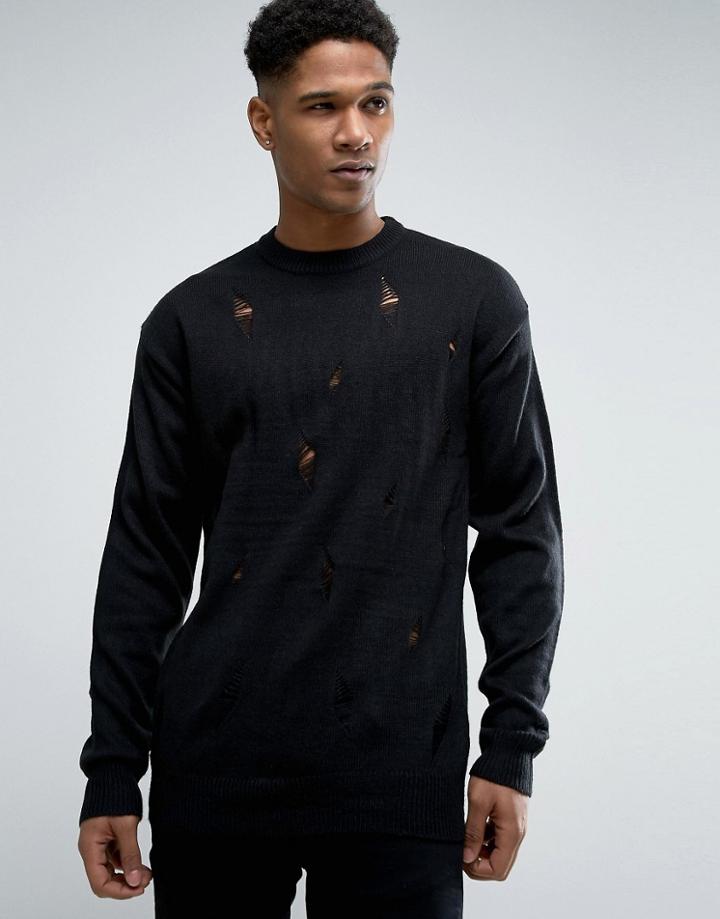 Brave Soul Knitted Sweater With Rips - Black