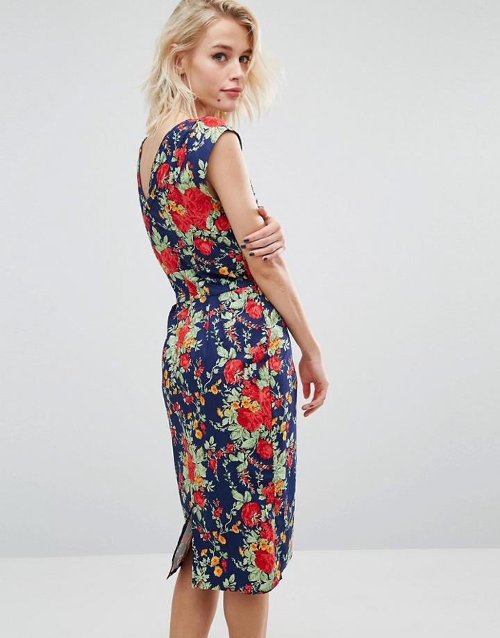 Trollied Dolly Chic V Back Retro Floral Print Dress - Navy