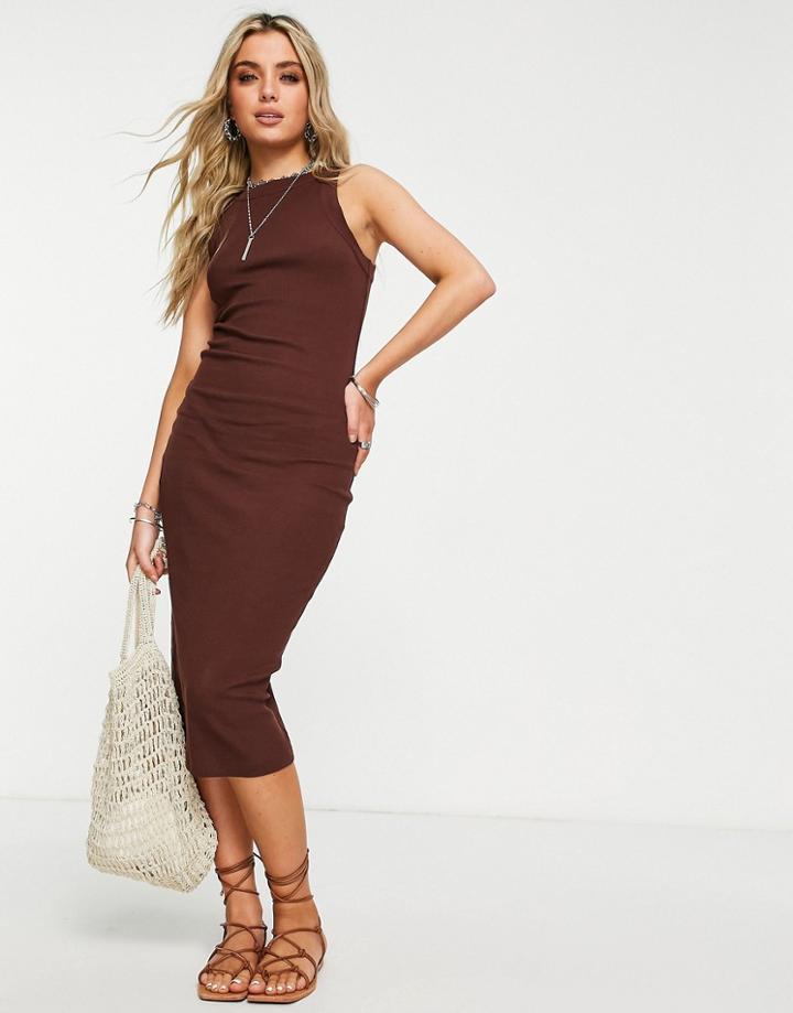 Asos Design Racer Front Ribbed Midi Tank Dress In Brown