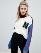 Noisy May Printed Varsity Sweater - Multi