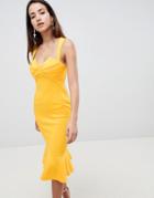 Asos Design Square Neck Fold Front Midi Dress With Pephem - Yellow
