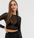Motel Mesh Beach Crop Top With Crew Neck In Black - Black