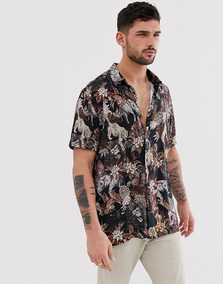 Bershka Short Sleeve Shirt With Jungle Print In Black - Black