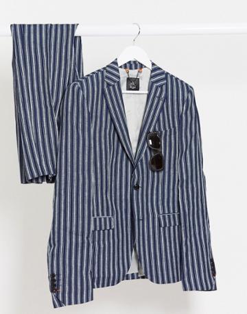 Avail London Skinny Fit Linen Suit Jacket In Navy Stripe