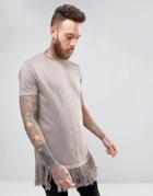 Asos Super Longline T-shirt With Shredded Fringe Hem Detail In Gray -