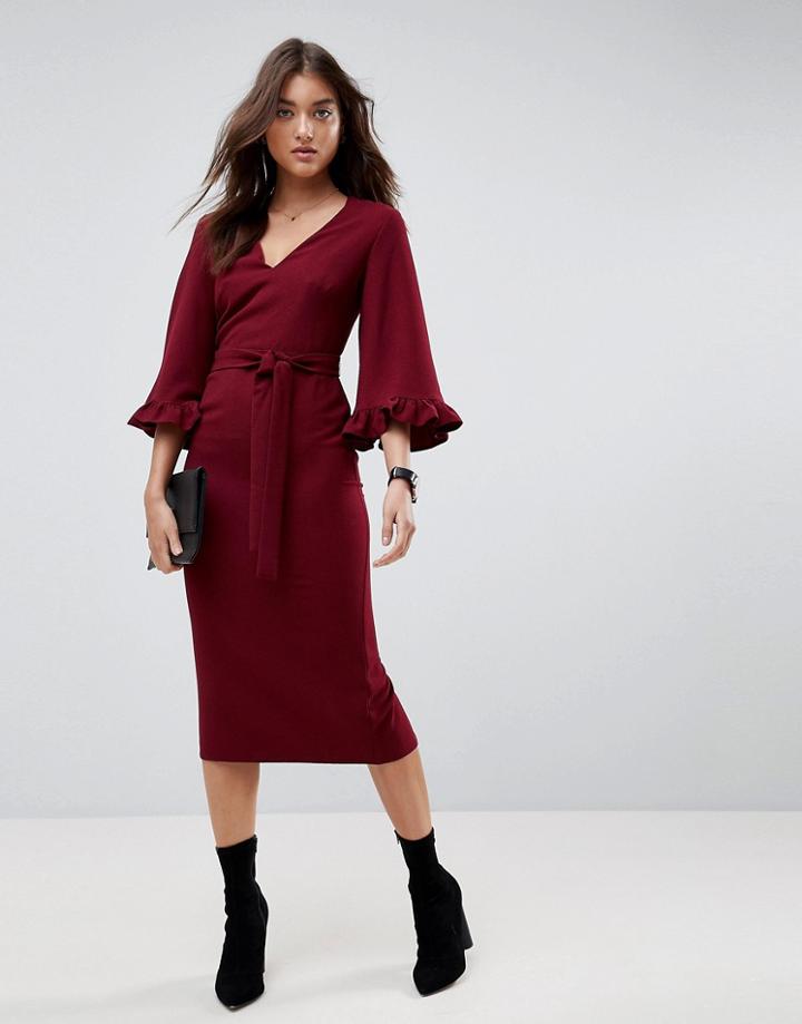 Asos Kimono Frill Sleeve Midi Dress - Red