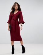 Asos Kimono Frill Sleeve Midi Dress - Red