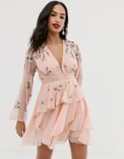 Asos Design Tiered Ruffle Mini Dress With Embroidery And Waist Detail-pink