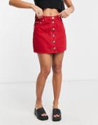 Minga London A Line Mini Denim Skirt In Red With Contrast Buttons