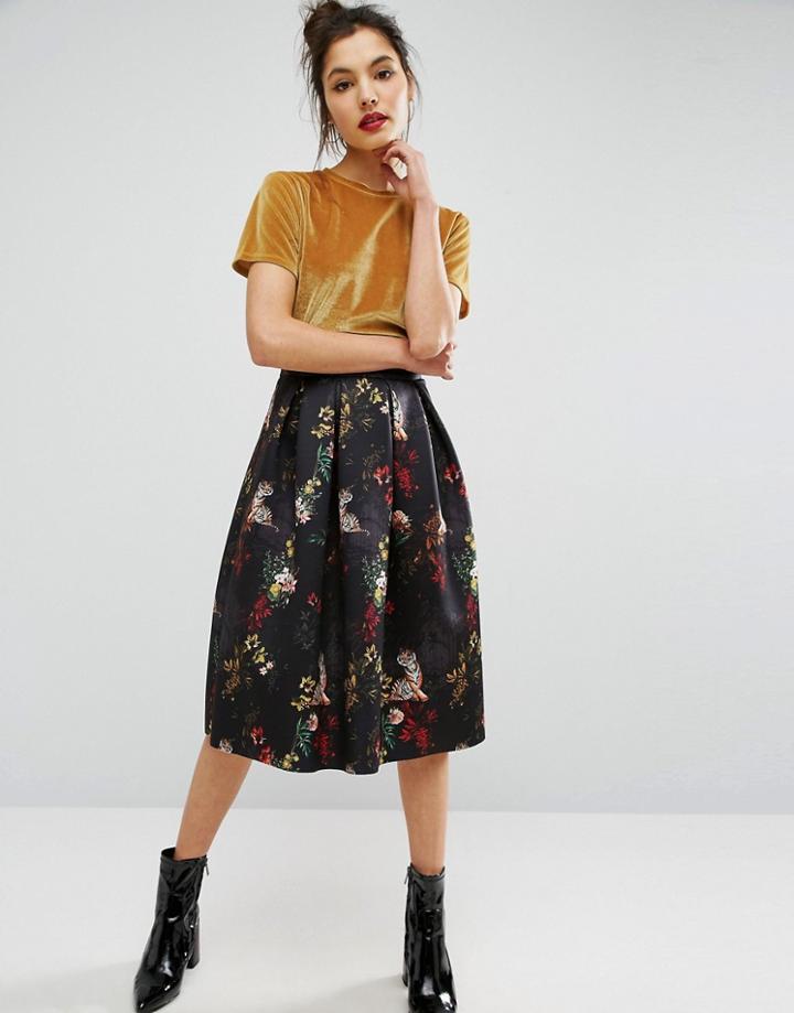Asos Scuba Prom Skirt In Tiger Floral Print - Multi
