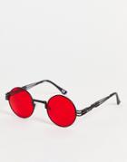 Asos Design Round Sunglasses With Frame Detail And Red Lens In Black