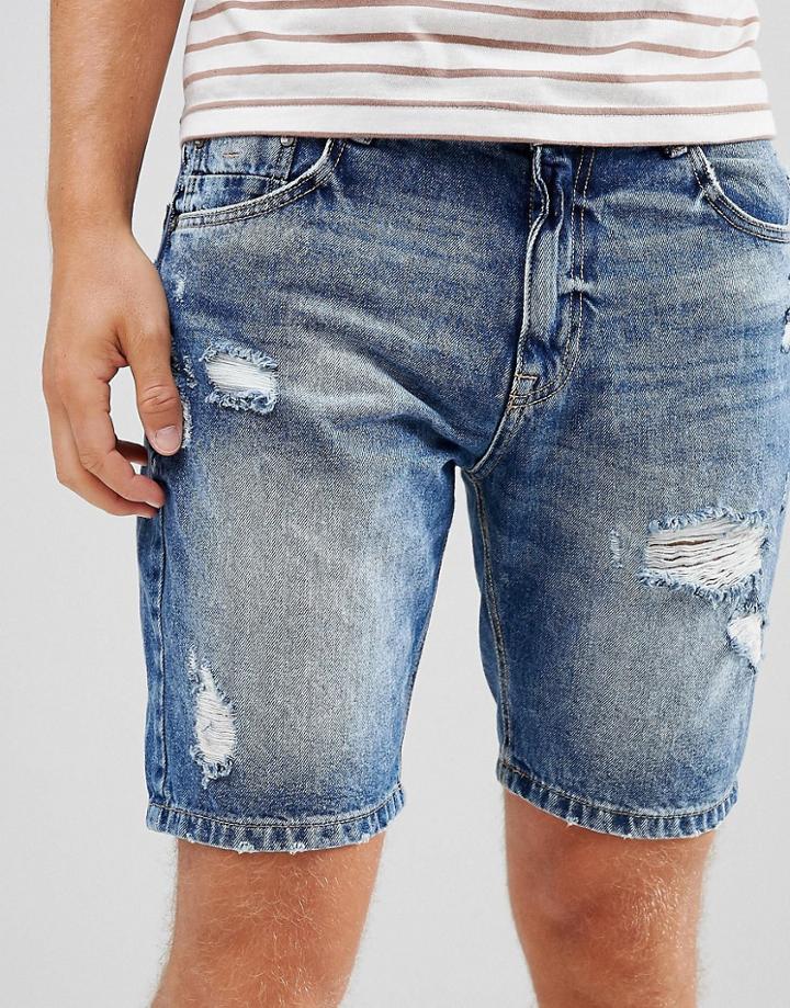 Stradivarius Denim Shorts In Light Blue With Rips - Blue