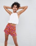 Asos Design Frill Hem Shorts In Orange Print - Multi