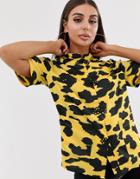 Asos Design Short Sleeve Top With Mandarin Collar In Satin Animal Print-multi